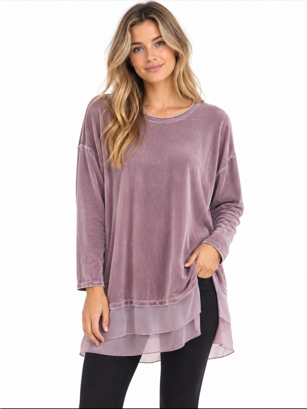 MarlaWynne Layers Velvet Tunic Top Woman Large Mauve Sheer Layered Hem Soft Girl